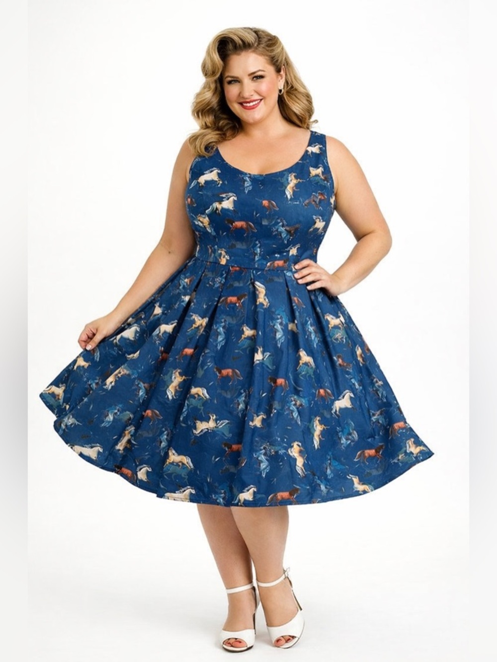 NWT dolly and dotty Amanda Dark Blue Horse Swing Dress size 16 Aop retro pinup